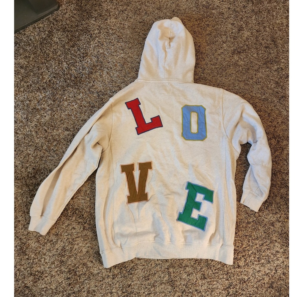 Aerie LOVE Varsity Patch Distressed Pullover Hoodie Cream Womens S